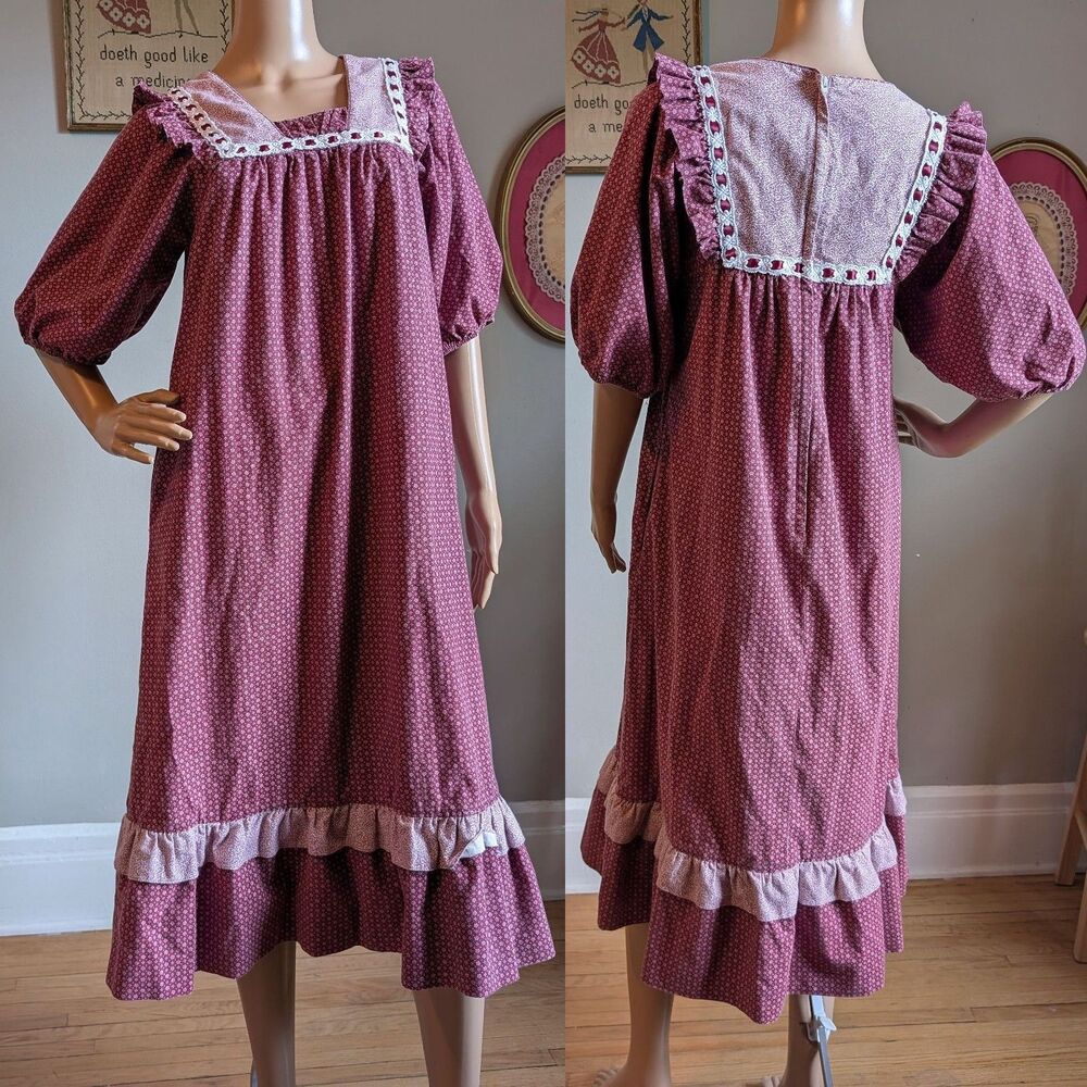Vintage 1970s Lola Hawaii Midi Dress Prairie Floral Ruffle Puff Sleeve Size 10